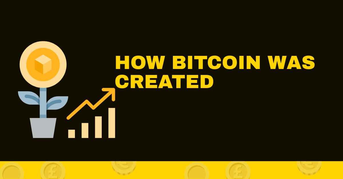 Illustration showing a golden Bitcoin-themed plant growing from a flower pot beside an upward-trending bar chart and arrow, with the text "How Bitcoin Was Created" on a black background.