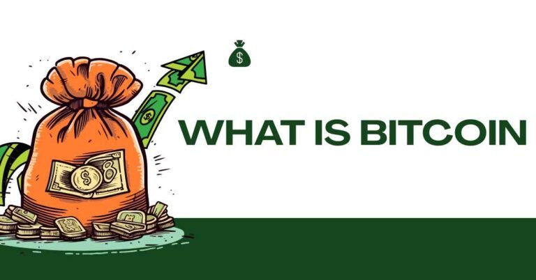 Illustration of a money bag filled with cash, coins, and an upward-pointing dollar arrow beside the text "What Is Bitcoin" on a white background.
