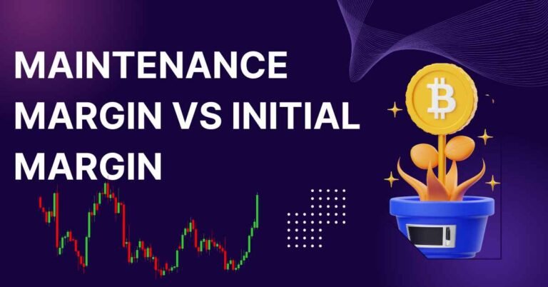Cryptocurrency trading thumbnail featuring a Bitcoin plant in a blue pot, a candlestick chart, and the text "Maintenance Margin vs Initial Margin" on a purple background.