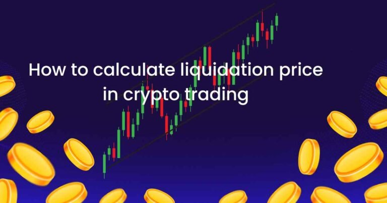 Crypto trading thumbnail showing an upward-trending candlestick chart with gold coins and the text "How to Calculate Liquidation Price in Crypto Trading" on a dark purple background.