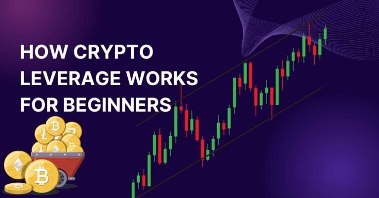 Crypto trading thumbnail showing an upward-trending candlestick chart, cryptocurrency coins in a cart, and the text "How Crypto Leverage Works for Beginners" on a purple background.