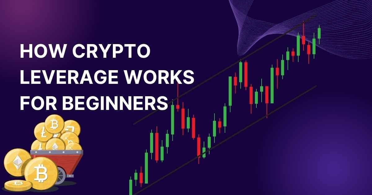 Crypto trading thumbnail showing an upward-trending candlestick chart, cryptocurrency coins in a cart, and the text "How Crypto Leverage Works for Beginners" on a purple background.