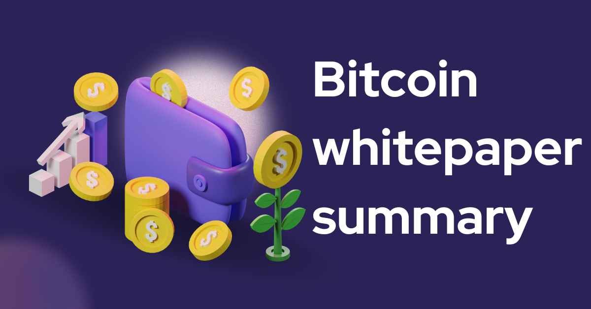 3D illustration of a purple wallet with gold coins and the text "Bitcoin Whitepaper Summary" representing cryptocurrency, digital wallet, and Bitcoin basics.