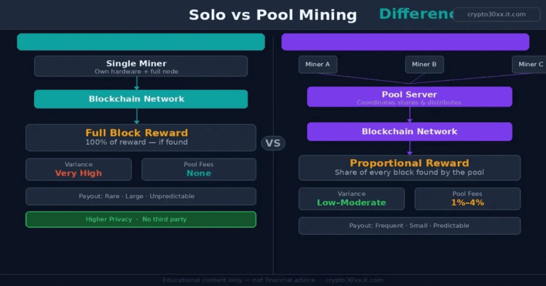 This infographic compares solo mining and pool mining, highlighting their differences in rewards, payout frequency, risk, and mining fees