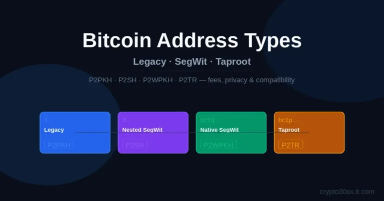Bitcoin address types explained — four address format cards showing Legacy, Nested SegWit, Native SegWit, and Taproot with their prefixes