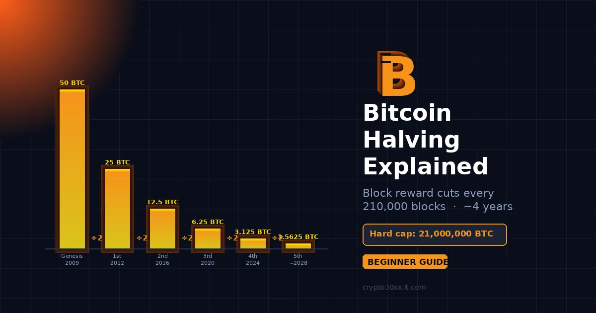 Bitcoin halving explained: bar chart showing block reward halving from 50 BTC to 3.125 BTC across four events