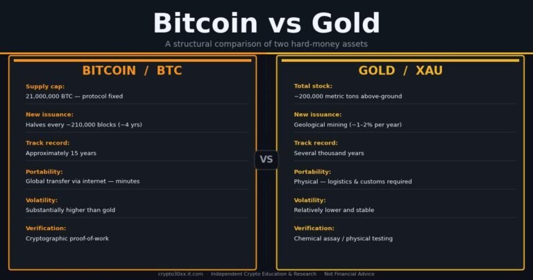 Bitcoin vs gold comparison infographic showing key structural differences in supply, portability, volatility, and store-of-value mechanics