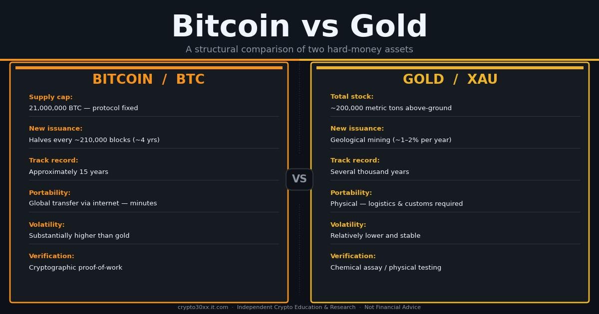 Bitcoin vs gold comparison infographic showing key structural differences in supply, portability, volatility, and store-of-value mechanics