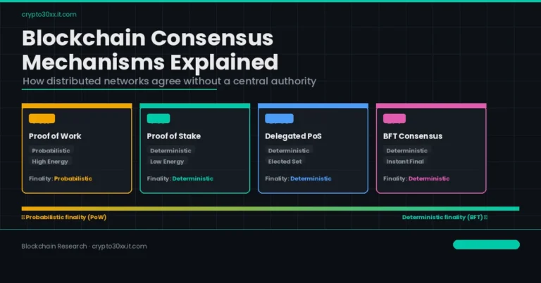 Blockchain consensus mechanisms comparison showing PoW, PoS, DPoS, and BFT with finality spectrum