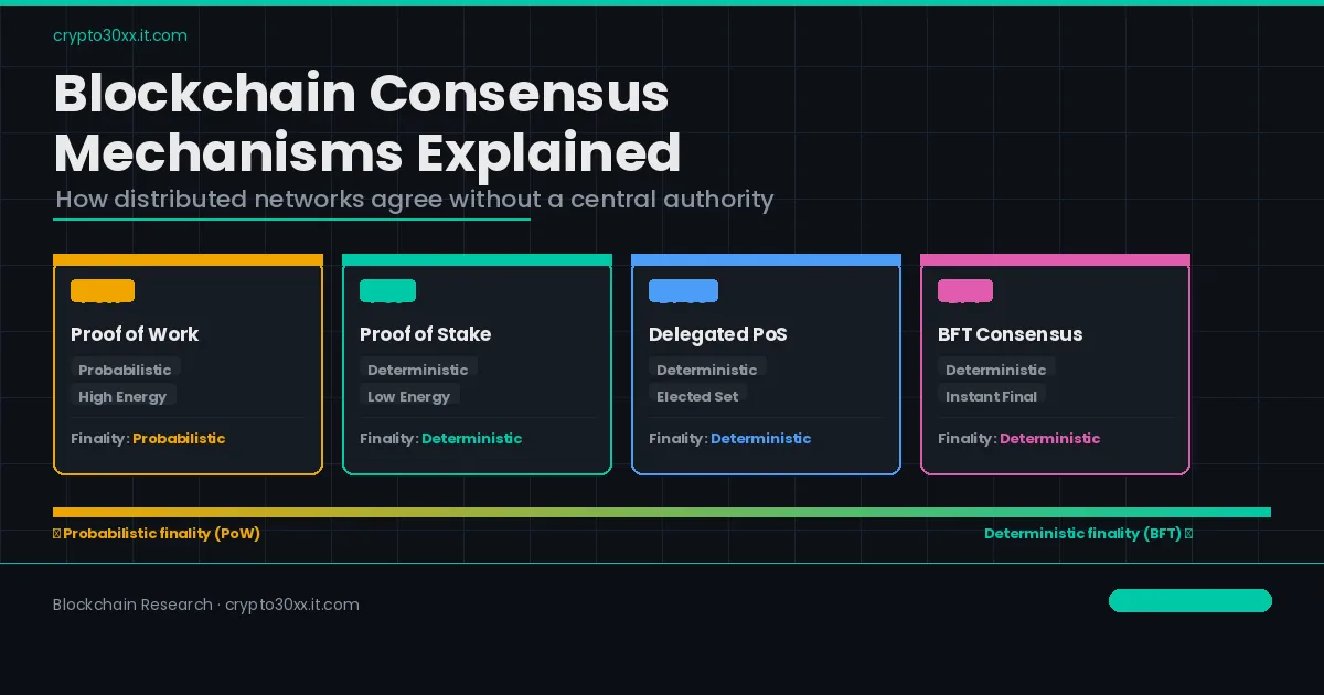 Blockchain consensus mechanisms comparison showing PoW, PoS, DPoS, and BFT with finality spectrum