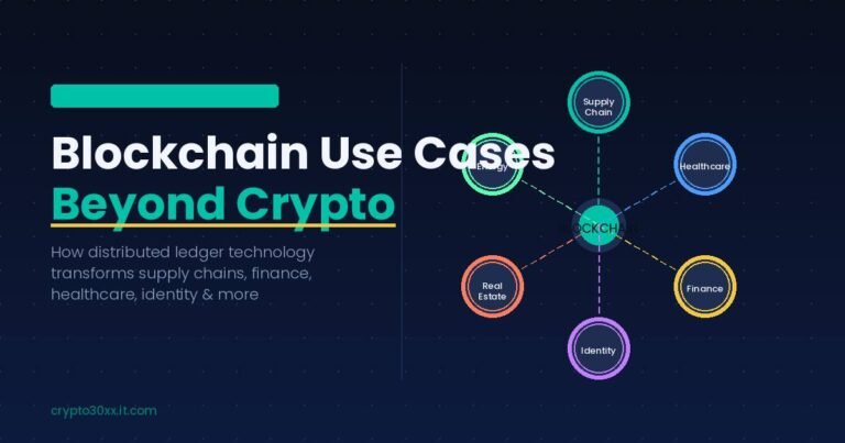 Blockchain use cases beyond crypto diagram showing supply chain, healthcare, finance, identity, and energy as connected nodes