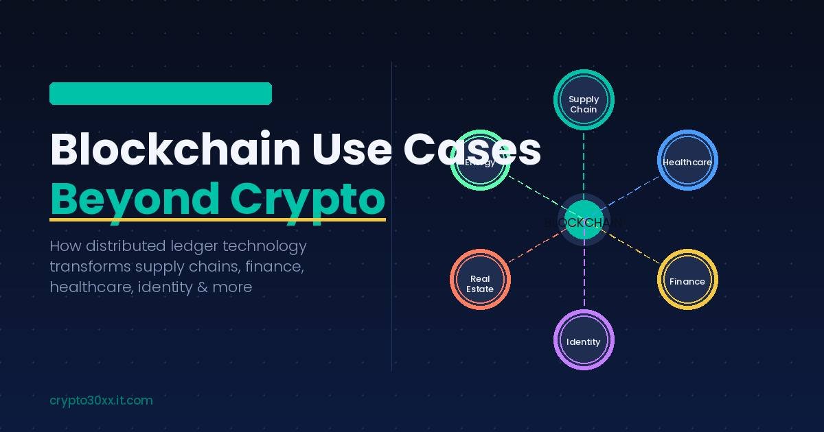 Blockchain use cases beyond crypto diagram showing supply chain, healthcare, finance, identity, and energy as connected nodes