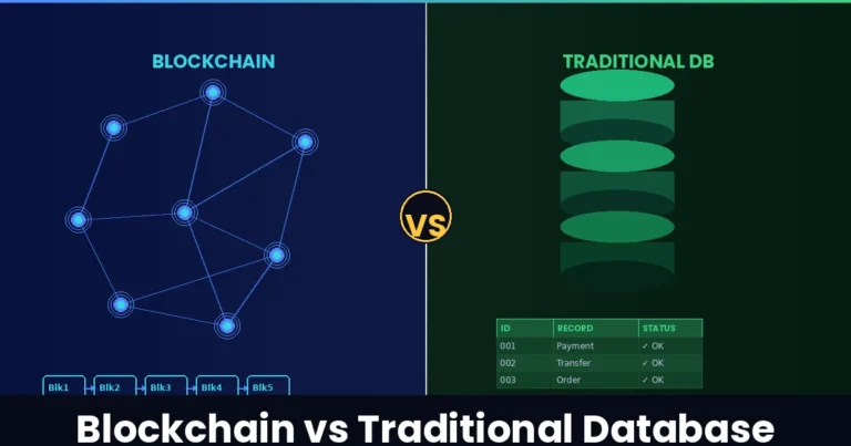 Blockchain vs traditional database side-by-side showing distributed nodes and a relational table