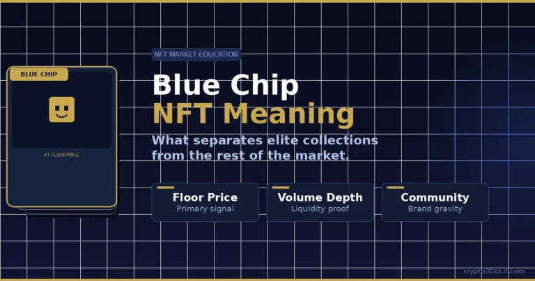 Blue chip NFT meaning illustrated with a ranked card stack showing floor price, volume depth, and community as key signals