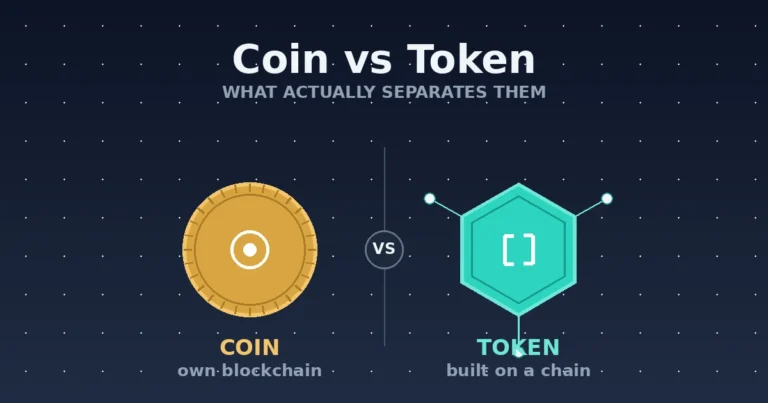 Coin vs token comparison graphic: a round coin icon beside a hexagonal token icon on a dark blockchain background