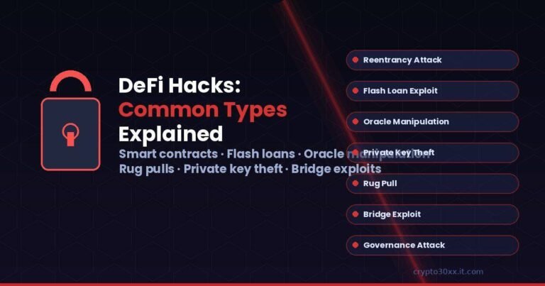 DeFi hacks common types diagram showing attack categories including flash loans, reentrancy, and oracle manipulation