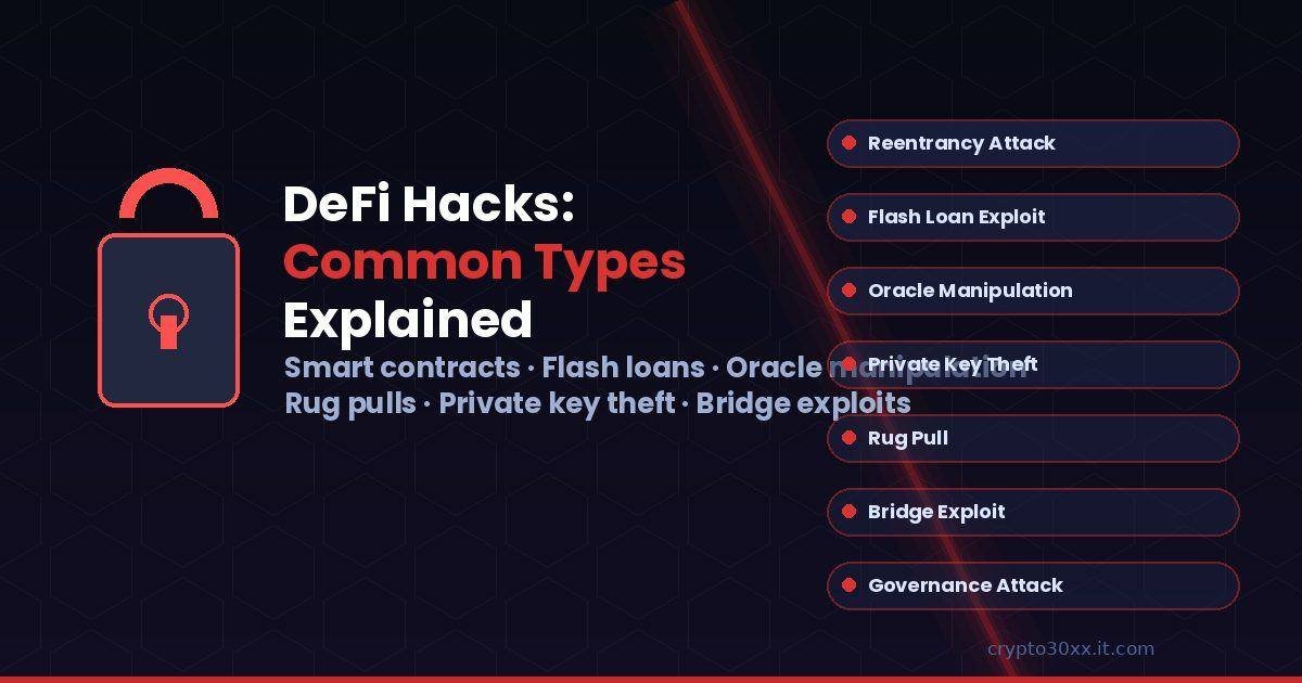 DeFi hacks common types diagram showing attack categories including flash loans, reentrancy, and oracle manipulation