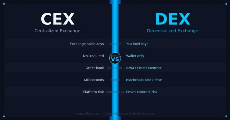 An infographic comparing CEX and DEX, highlighting the key differences between centralized and decentralized cryptocurrency exchanges.