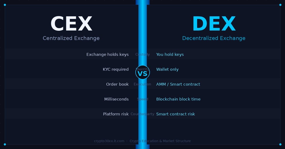 An infographic comparing CEX and DEX, highlighting the key differences between centralized and decentralized cryptocurrency exchanges.