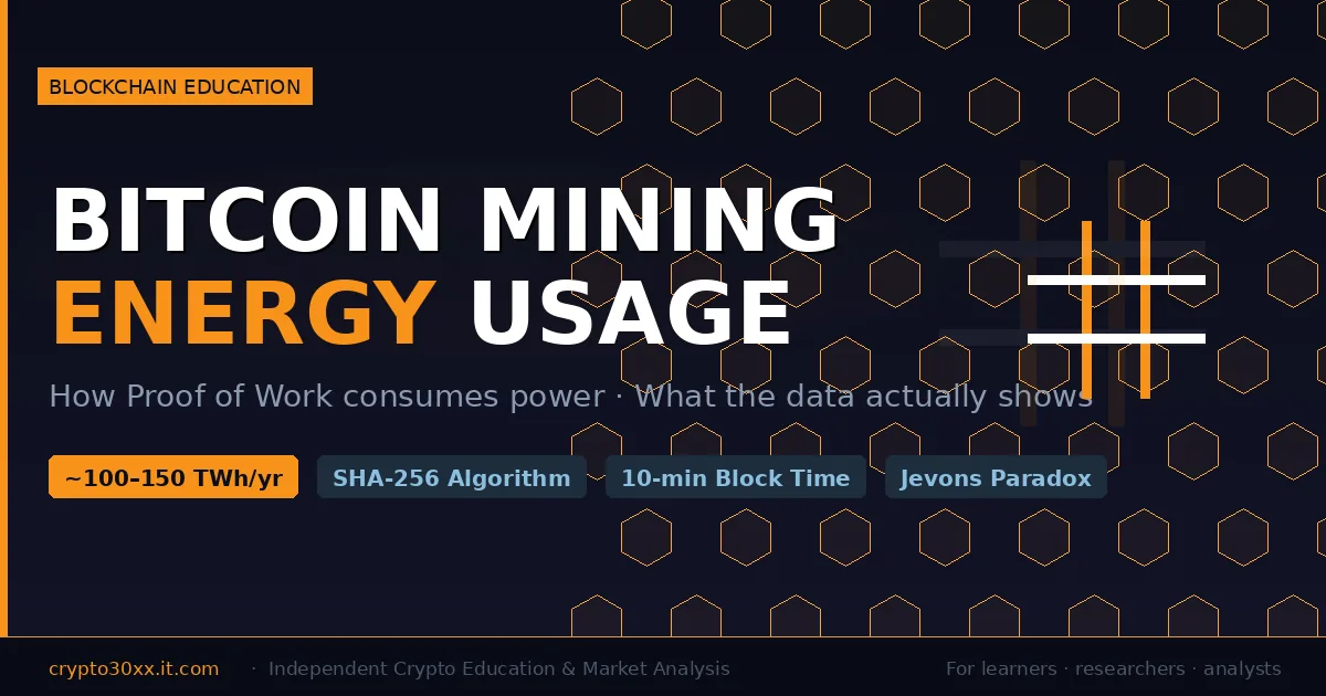 Energy usage bitcoin mining facts — dark server room with SHA-256 hash symbol and power consumption data