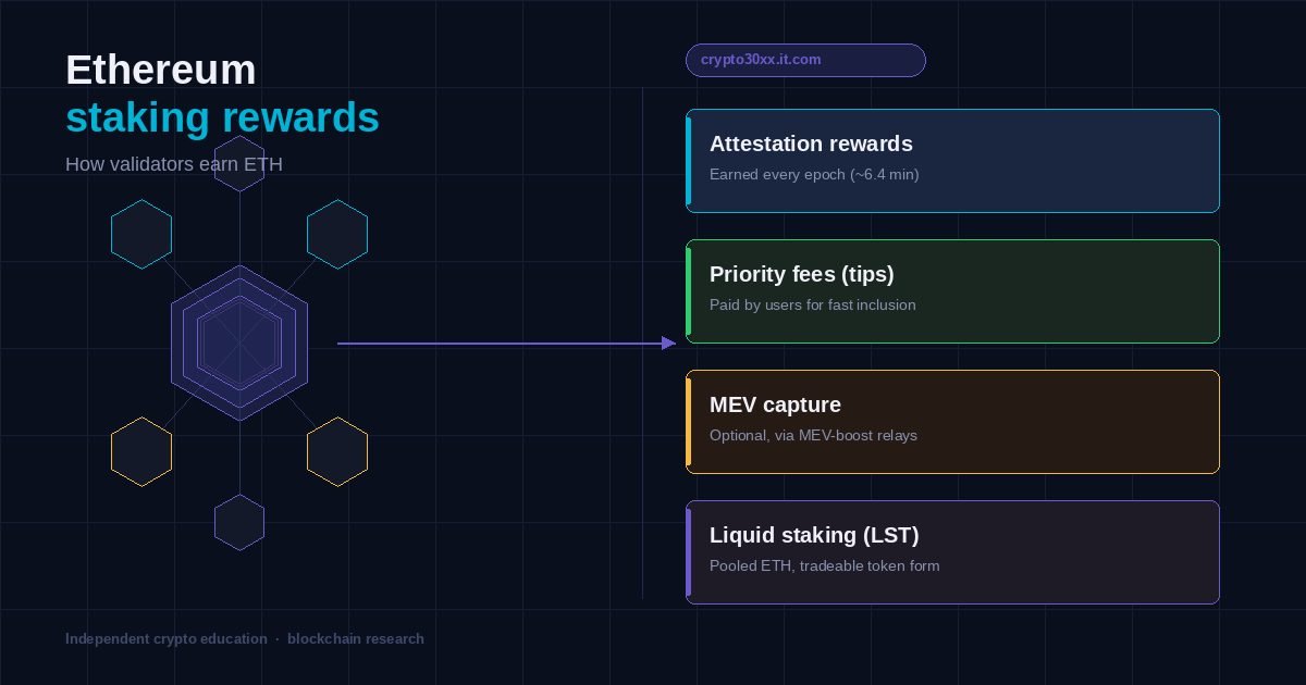 Ethereum staking rewards guide: Ethereum staking rewards diagram showing validator node and reward streams including attestations, tips, and MEV