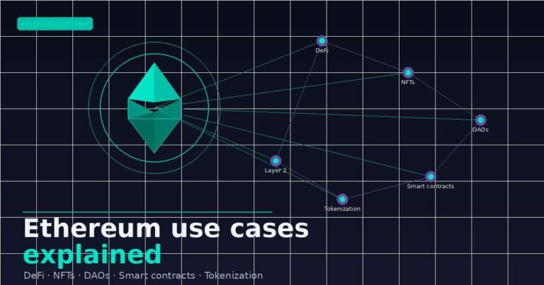 Ethereum use cases diagram showing the ETH diamond connected to DeFi, NFTs, DAOs, smart contracts, tokenization, and Layer 2