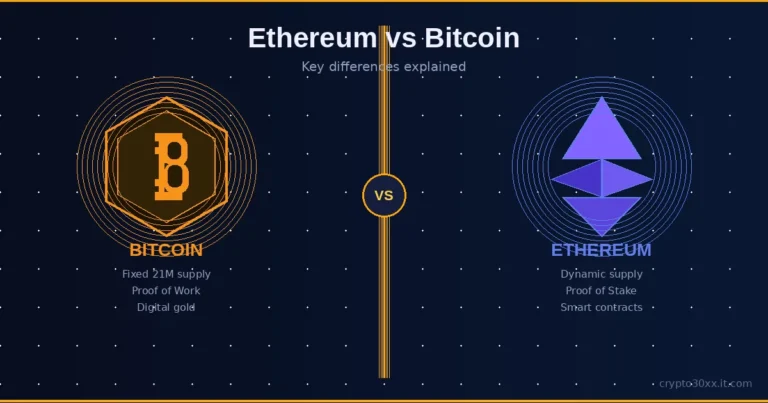 Ethereum vs bitcoin key differences illustrated with split-panel showing Bitcoin and Ethereum symbols side by side