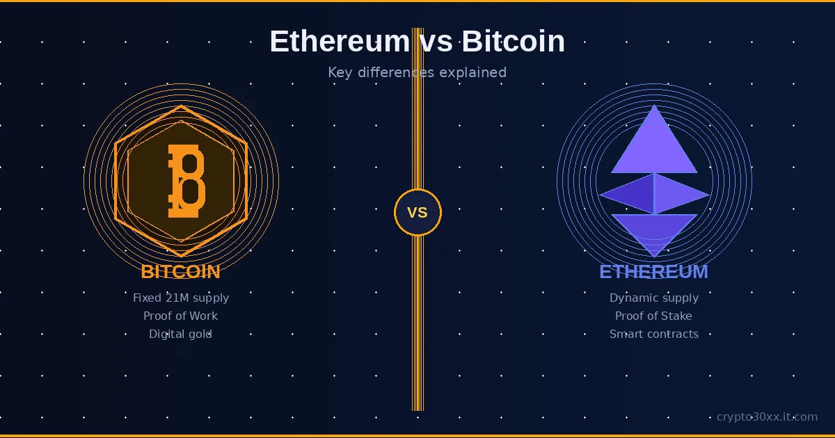 Ethereum vs bitcoin key differences illustrated with split-panel showing Bitcoin and Ethereum symbols side by side