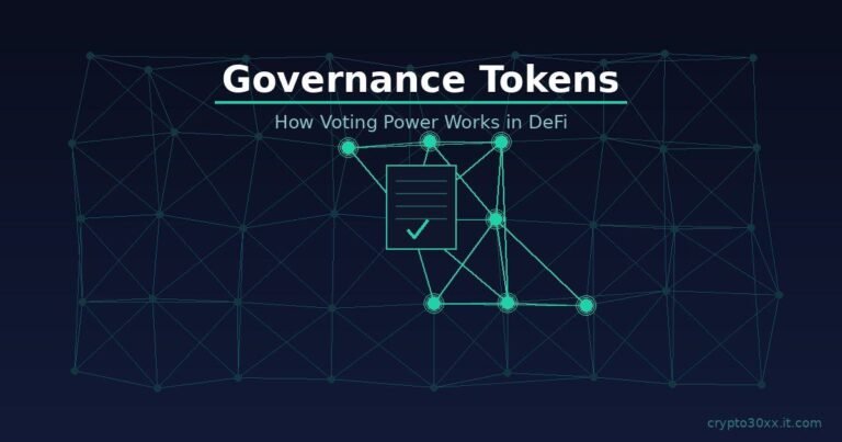 Governance tokens voting network diagram with teal nodes and a ballot checkmark on dark navy background