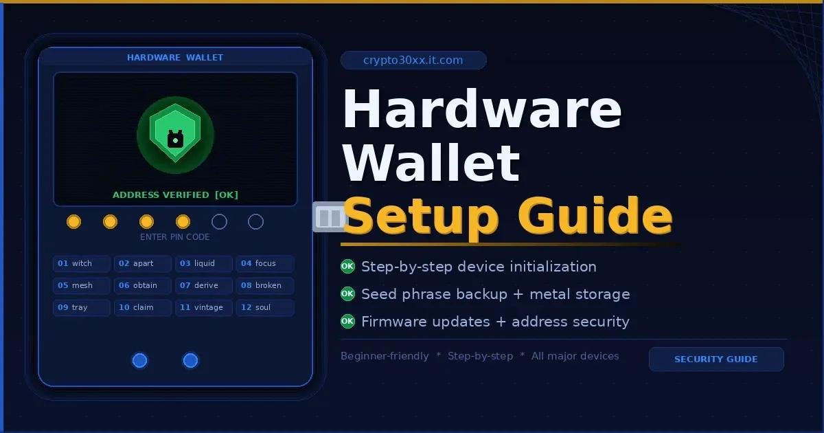Hardware wallet setup guide showing device screen with shield lock, PIN entry, and 12-word seed phrase grid