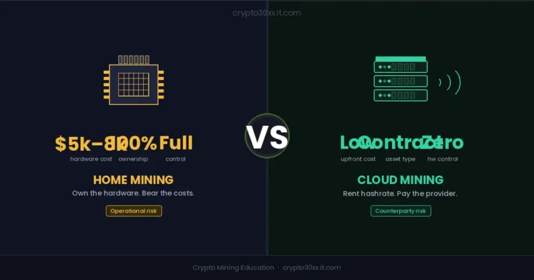 Home mining vs cloud mining — ASIC hardware chip beside cloud server racks, split-panel comparison
