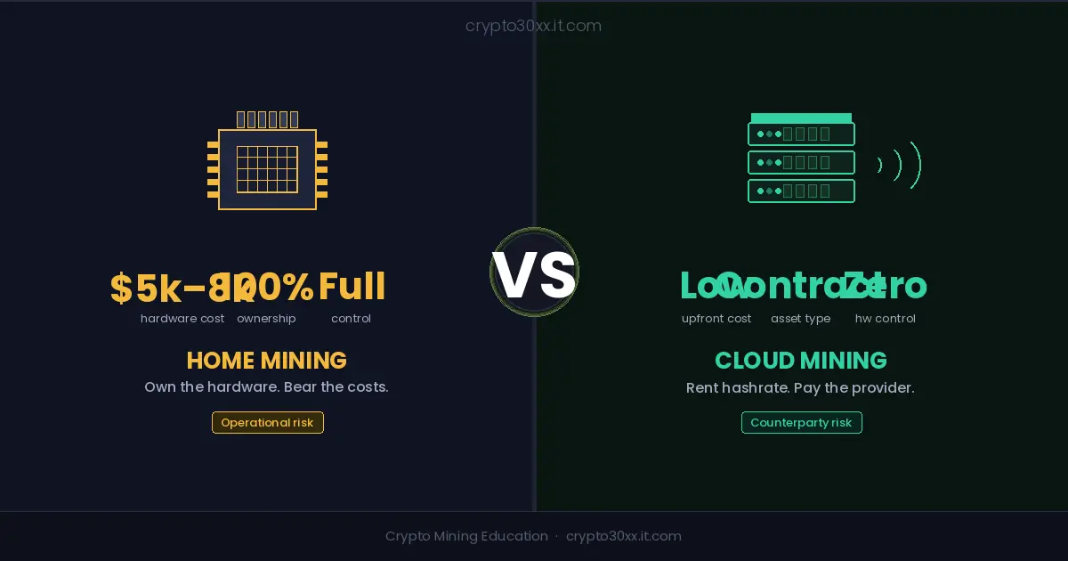 Home mining vs cloud mining — ASIC hardware chip beside cloud server racks, split-panel comparison