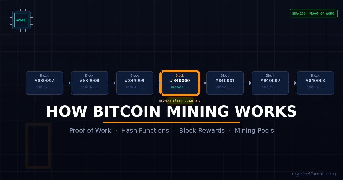 How bitcoin mining works — ASIC chip, blockchain blocks, and SHA-256 hash functions illustrated