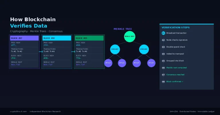 How blockchain verifies data — diagram showing block chain, Merkle tree, and verification steps