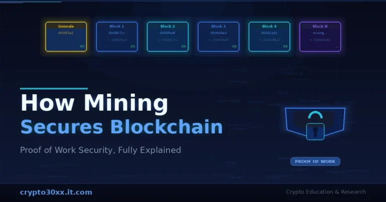 How mining secures blockchain: six connected proof-of-work blocks with hash values and a lock icon