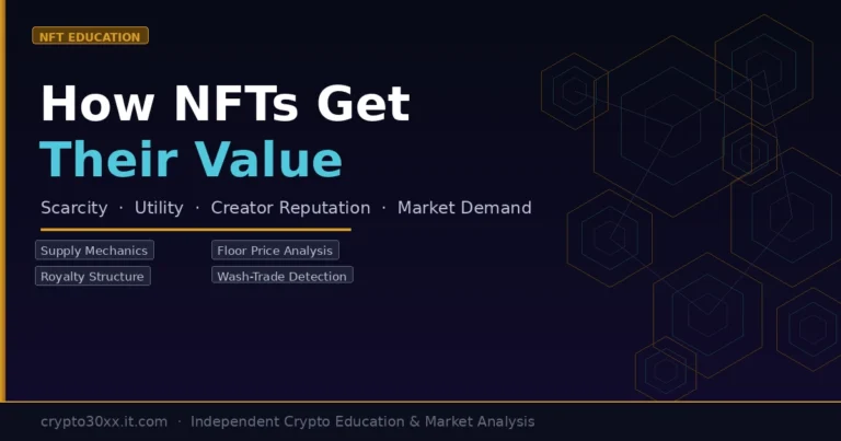 Diagram showing how NFTs get their value through scarcity, utility, and demand