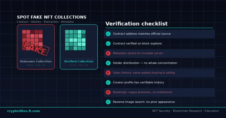 How to spot fake NFT collections — verification checklist showing contract checks and red flags