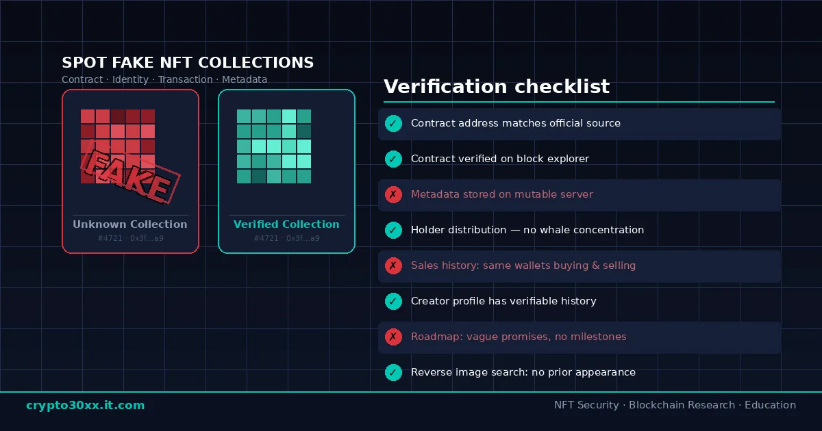 How to spot fake NFT collections — verification checklist showing contract checks and red flags