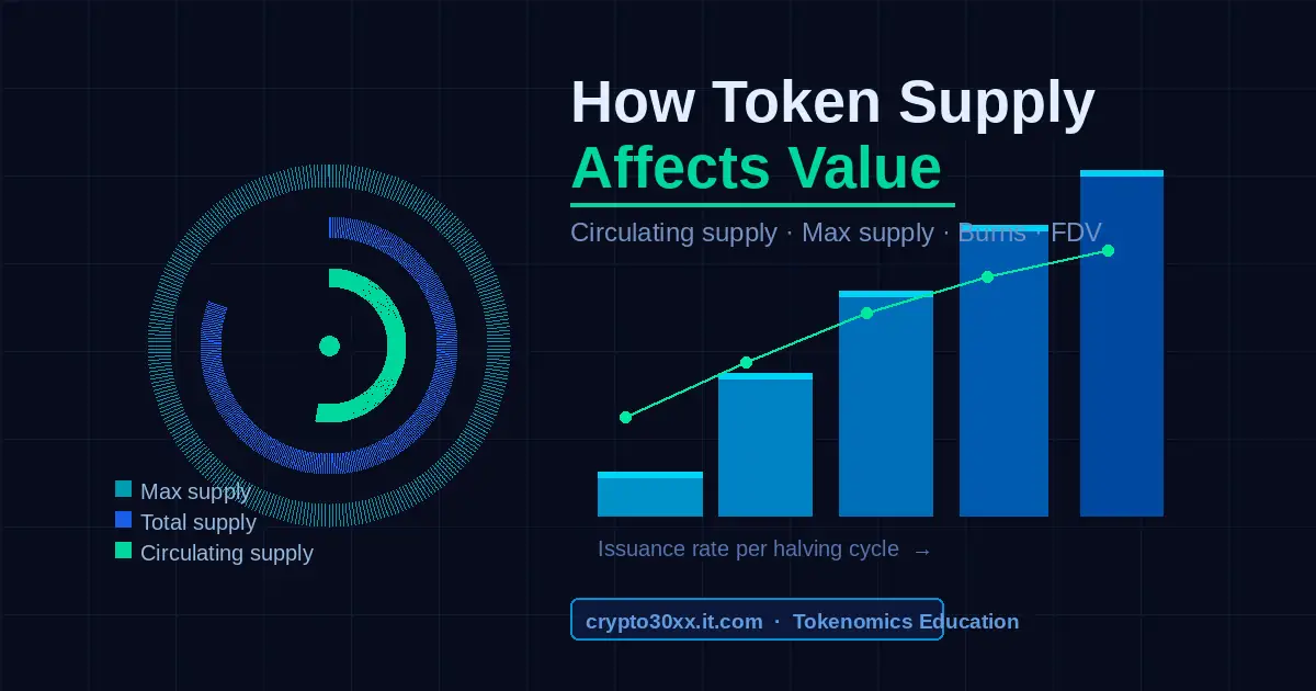 How token supply affects value — donut chart showing circulating, total, and max supply with halving bar graph