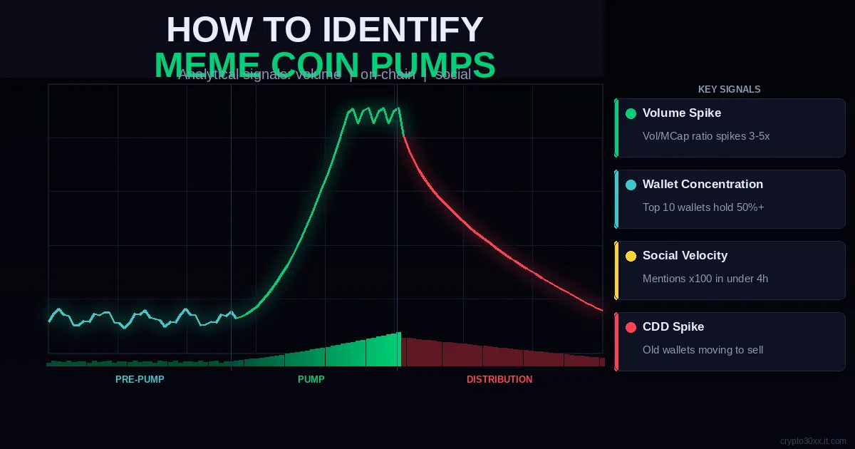 How to identify meme coin pumps — chart showing pre-pump, pump, and distribution phases with volume bars