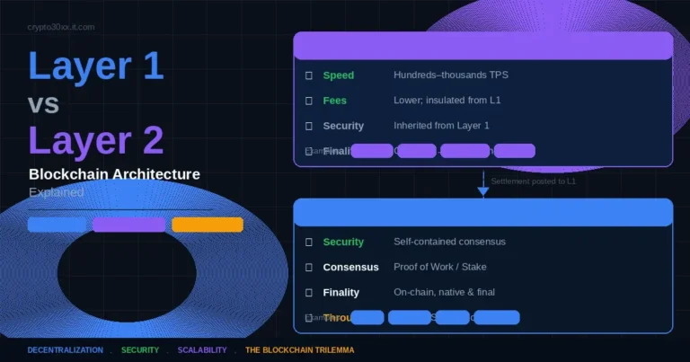 Layer 1 vs layer 2 blockchain diagram showing dual-card architecture with security, consensus, and settlement flow