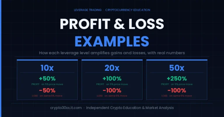 Leverage trading profit and loss examples showing 10x, 20x, and 50x returns and losses on a $1,000 margin position