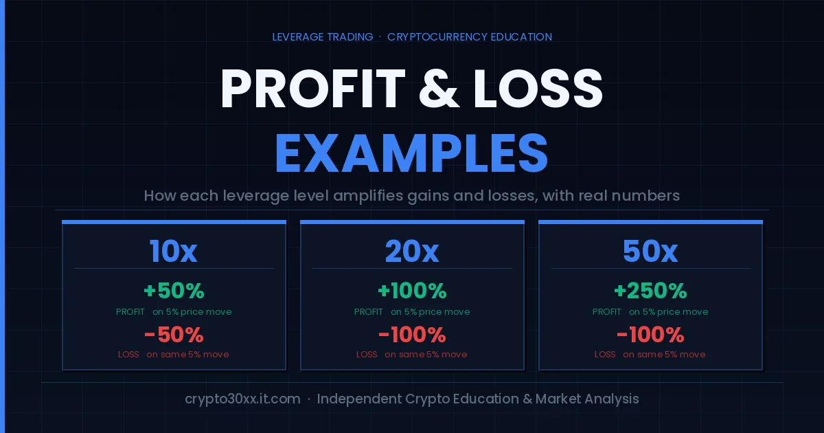 Leverage trading profit and loss examples showing 10x, 20x, and 50x returns and losses on a $1,000 margin position