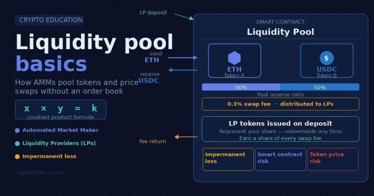 Liquidity pool basics diagram showing ETH and USDC pooled in a smart contract with swap arrows and LP tokens