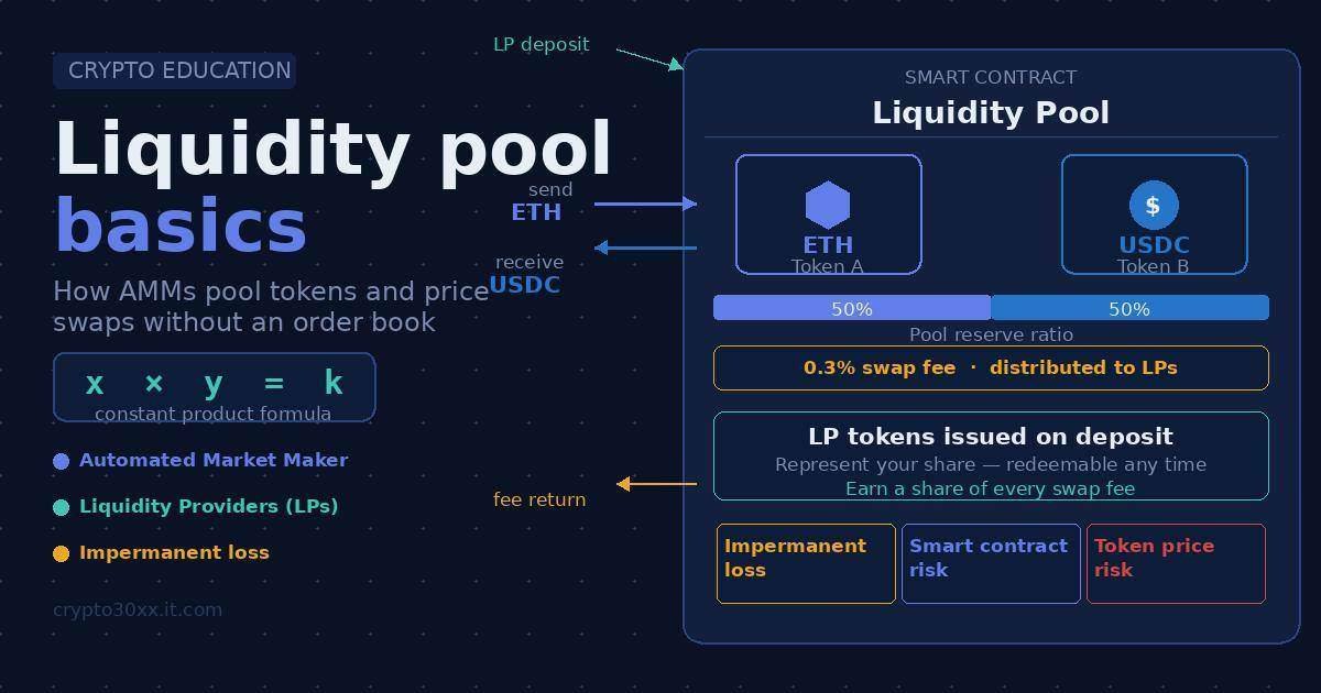 Liquidity pool basics diagram showing ETH and USDC pooled in a smart contract with swap arrows and LP tokens