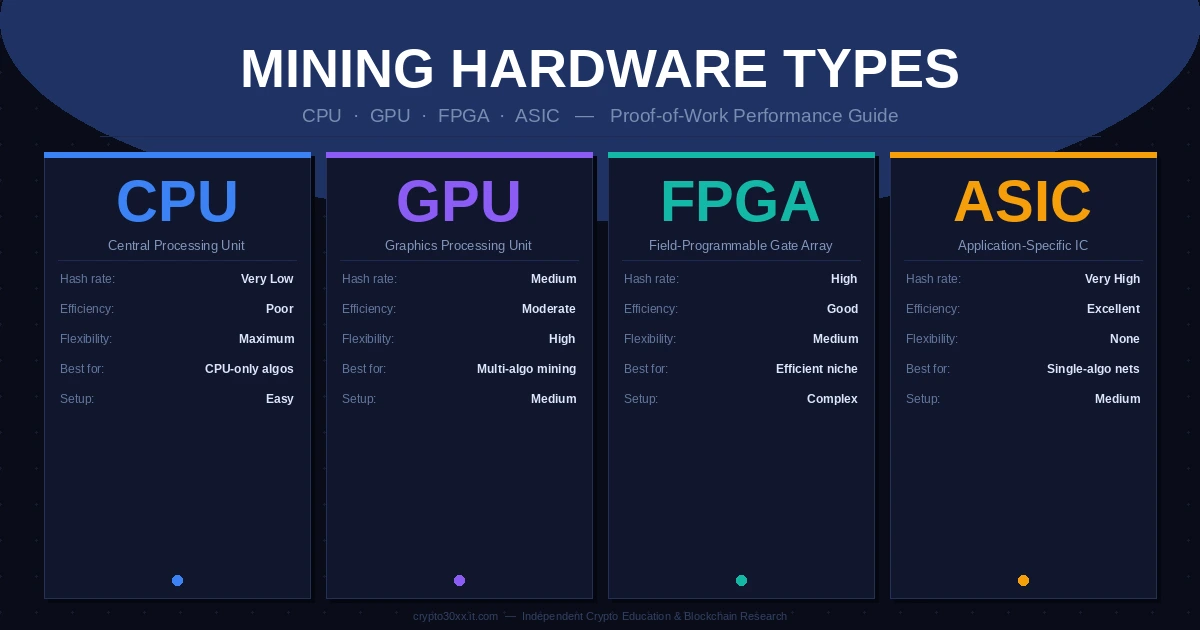 An infographic comparing CPU, GPU, FPGA, and ASIC mining hardware for cryptocurrency mining.