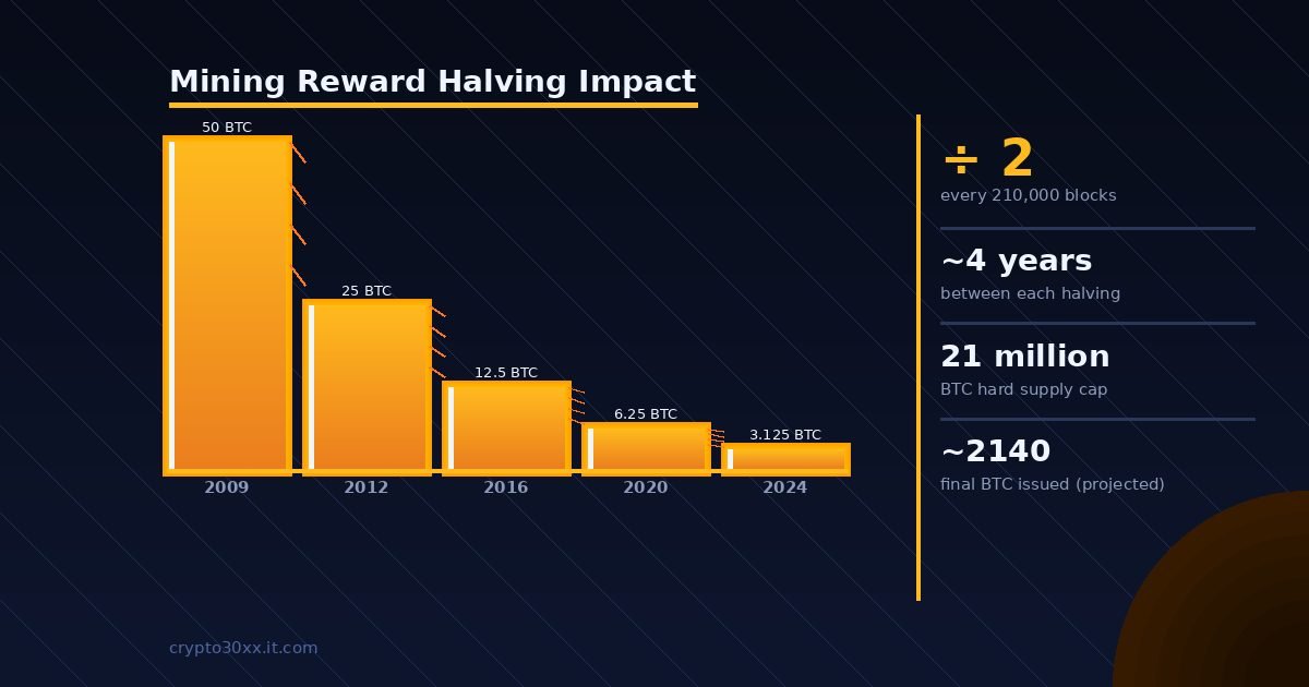 Mining reward halving impact chart showing Bitcoin block rewards cut from 50 BTC to 3.125 BTC across five cycles