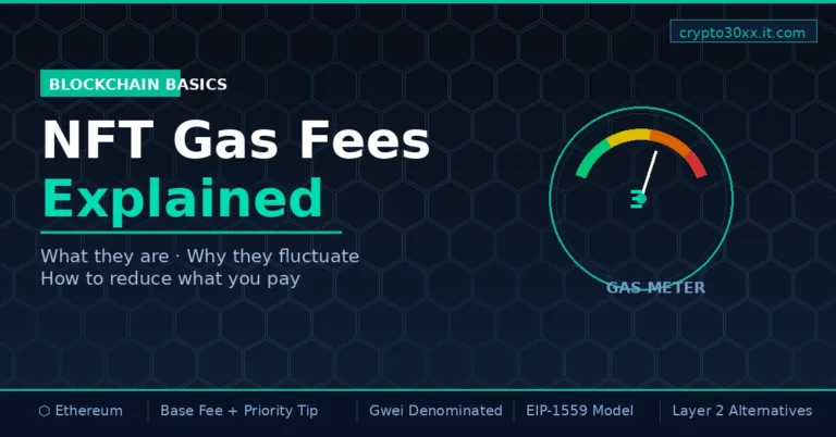 An infographic explaining NFT gas fees with a gas meter and Ethereum transaction fee concepts.