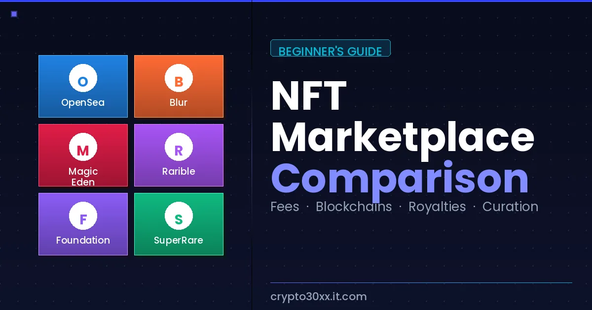 NFT marketplace comparison for beginners showing six platform cards organized by blockchain, fee type, and curation model