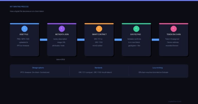 NFT minting process diagram showing five steps: asset file, metadata JSON, smart contract, gas fee, and on-chain token